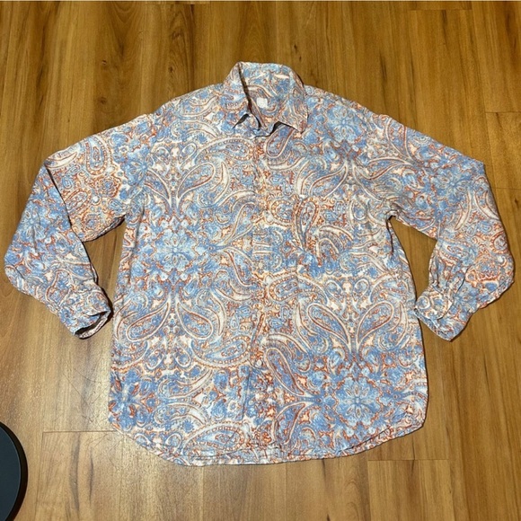 120% Lino Casual Blue and Orange Button Down Shirt with Floral Print size:XL - Picture 1 of 10